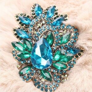 NEW Large Teal Rhinestone Statement Brooch Blue Green Crystal Floral Pin